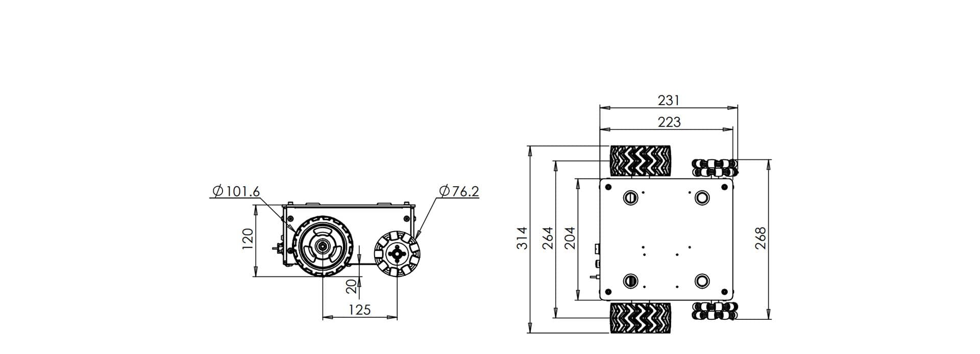 Discovery C1 Two-Wheeled Differential PlatformExterior Dimension
